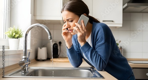 Upset woman talking on smartphone in kitchen due to plumbing problem or broken faucet.