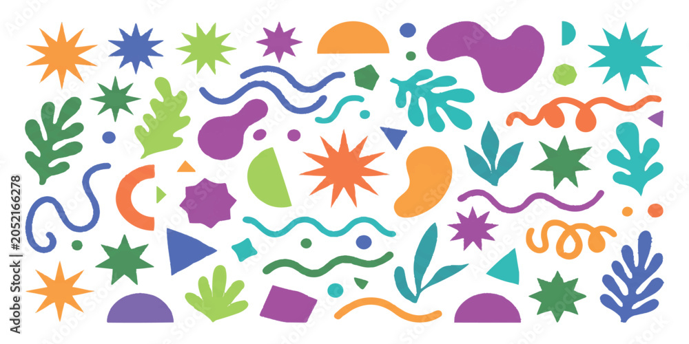 Obraz premium Set of colorful abstract shapes and organic elements with stars and wavy lines for modern graphic design art