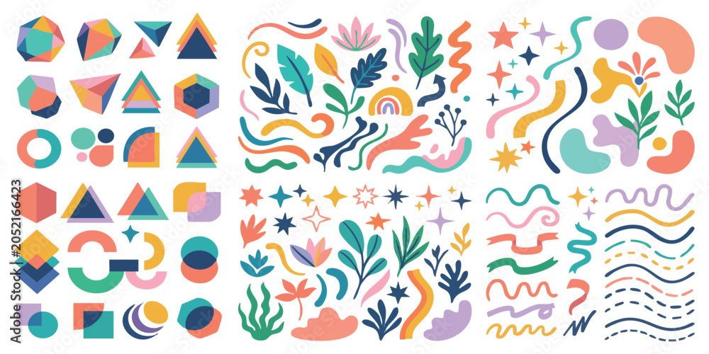 Fototapeta premium Colorful abstract shape set with geometric elements leaves stars and wavy lines for creative design projects