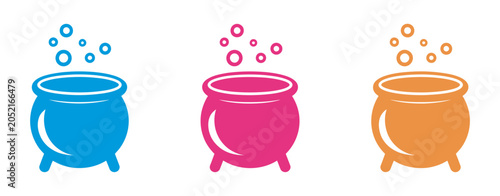 Canvastavla Magical potion cauldron icons set, colorful bubbling brew process collection, fa