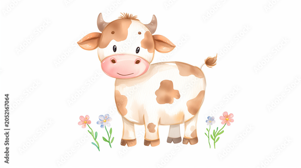 Fototapeta premium Watercolor cow with on white background, perfect for nursery textile and children's watercolor illustration prints