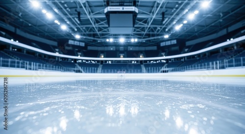 Empty professional ice hockey arena with smooth ice surface and stadium lighting