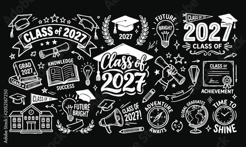 Vector chalkboard doodle set for Class of 2027 graduation with school and sports elements.