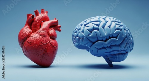 heart and brain models on blue background for mental health concept