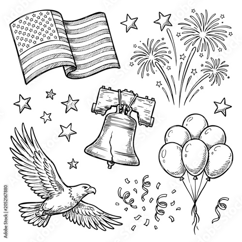 Hand Drawn Fourth of July Doodle Elements Set in Black and White