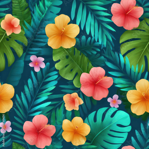 Tropical seamless pattern with colorful hibiscus flowers, monstera leaves, and palm branches on a dark blue background