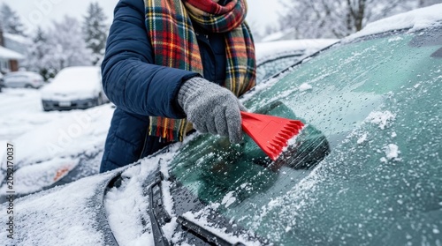 Person scraping ice and frost from car windshield with a red scraper on a cold winter morning