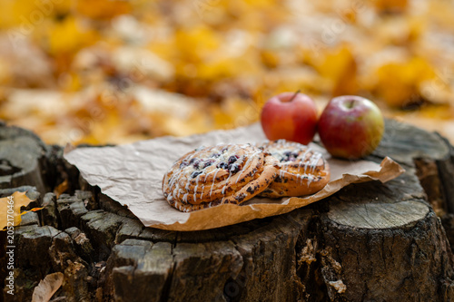 Autumn cozy concept - cinnamon sticks and apples on old tree stump among fallen leaves