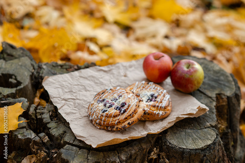 Autumn cozy concept - cinnamon sticks and apples on old tree stump among fallen leaves