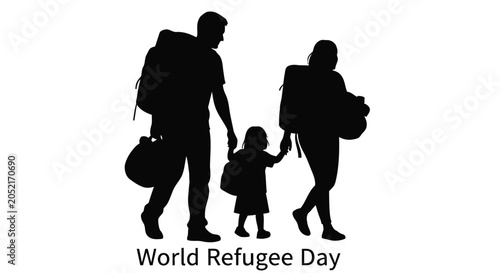 Foto World refugee day silhouette family with backpacks and belongings
