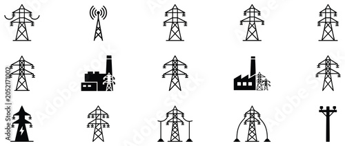 Fotografie Electric power transmission icon set with pylons, grid systems, transformers, an