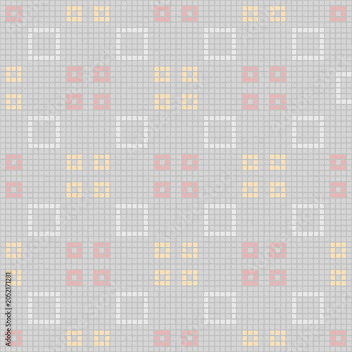 pink, yellow, gray squares of hand drawn pixels. vector seamless pattern. geometric repetitive background. modern decorative art. fabric swatch. textile design. embroidery template. home decor