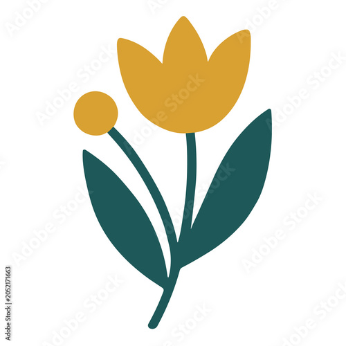 Yellow tulip flower illustration with dark green leaves and small buds