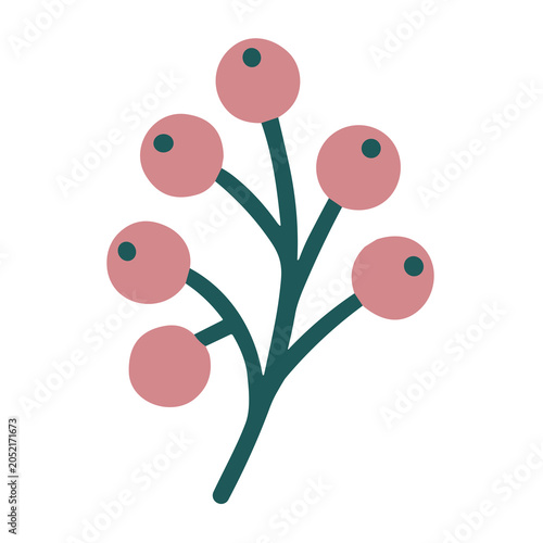 Minimalist graphic of pink berries on a dark green stem for decoration