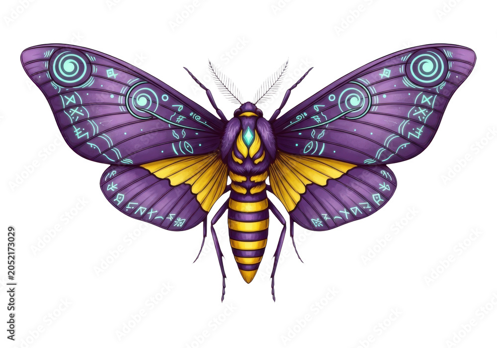 Obraz premium Mystical moth illustration with magical glowing symbols isolated on transparent background