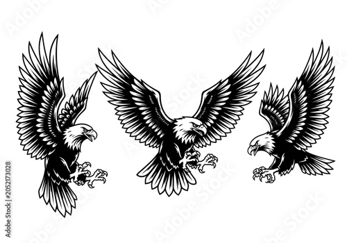 Set of Flying Bald Eagle Illustrations - Black and White Vector Eagle Mascots with Wings Spread and Talons Extended for T-shirt Design and Tattoos