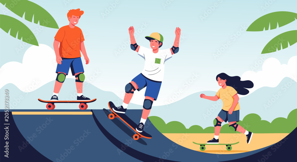Fototapeta premium Active Kids Skateboarding at a Sunny Outdoor Park Vector Illustration Featuring Diverse Children Having Fun While Practicing Extreme Sports Activity