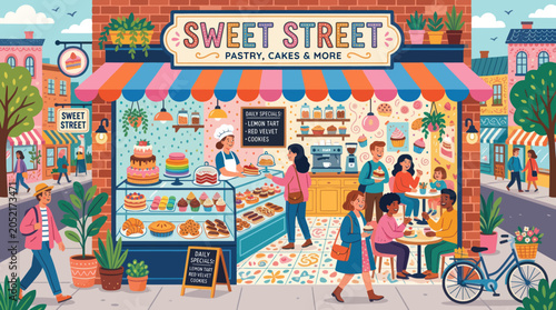 Bild auf Leinwand Vibrant bakery storefront on a bustling street with people enjoying pastries and
