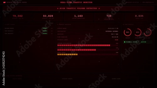 Network Operations Center Real Time Traffic Monitor Dashboard Animation Red Alert Cybersecurity HUD Footage.