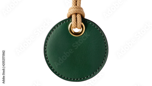 Schilderij op canvas Round green leather tag with gold grommet and rope