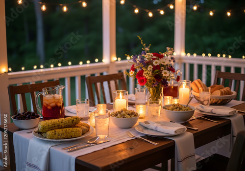 An outdoor evening dinner party with family and food on a porch