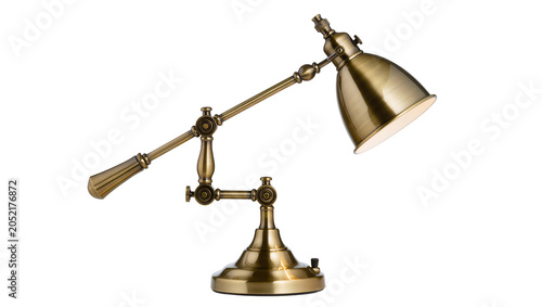 Canvas Print Antique brass adjustable desk lamp with articulated arm and conical shade