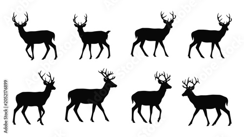 Collection of eight black silhouettes depicting male deer with antlers various poses silhouette stag buck antlered whitetail red elk cervidae