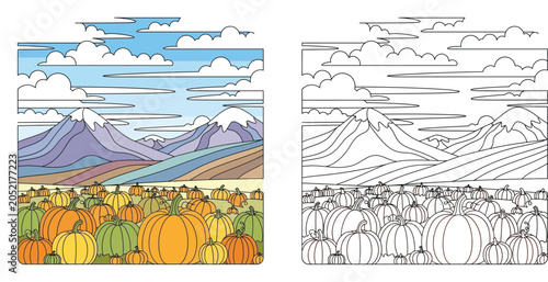 Photos Autumn pumpkin patch field landscape with majestic mountains and clouds, vector illustration for coloring book and educational activities, featuring colored and black and white line art versions