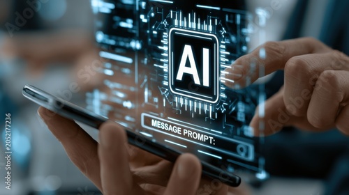 Using a smartphone to interact with artificial intelligence technology in a modern setting during the day