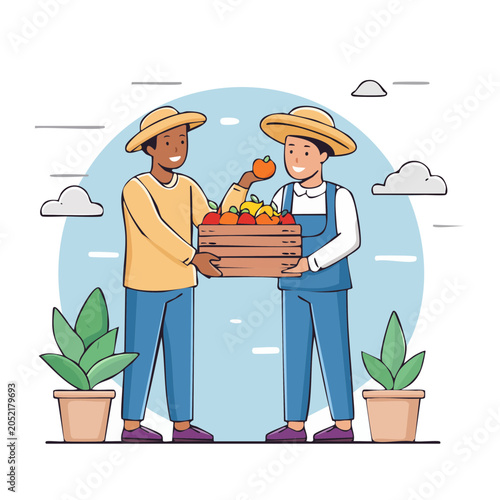 Two farmers carrying a crate of fresh produce