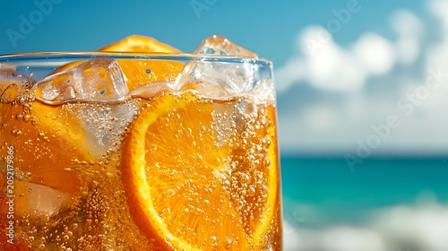 Close up of a fizzy orange drink with ice and fruit slices on the beach