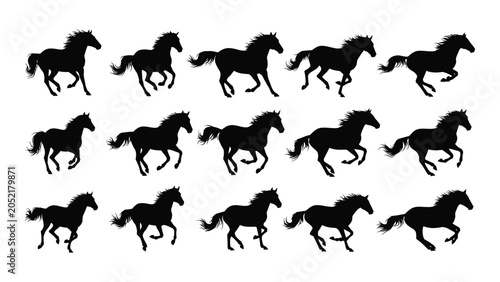 Photos Collection of galloping horse silhouettes in various poses against a white backg