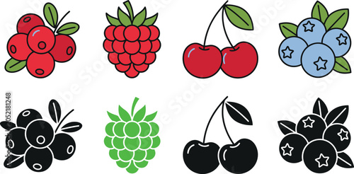 Quadro su tela Fresh berries vector flat illustration icons set with cranberry raspberry cherr
