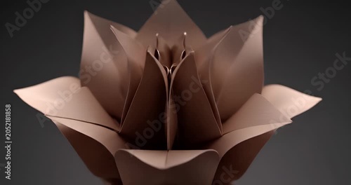 Close-up of delicate brown origami flower petals, geometric paper art and handicraft
