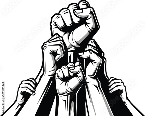 Raised Fists of Unity and Solidarity Illustration Representing Workers Rights, Social Justice, Protest Movement, Collective Strength and Human Empowerment