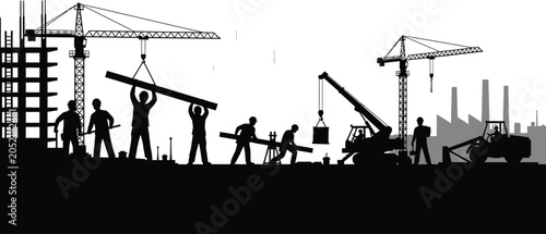 Construction Workers and Tower Cranes Silhouette Illustration Depicting Building Development, Industrial Labor, Infrastructure Growth and Engineering Workforce