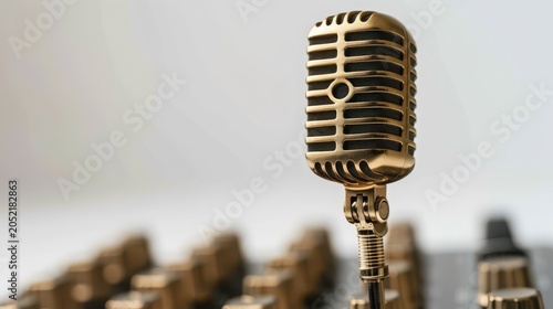 Golden Vintage Microphone on White Background with Shallow Depth of Field