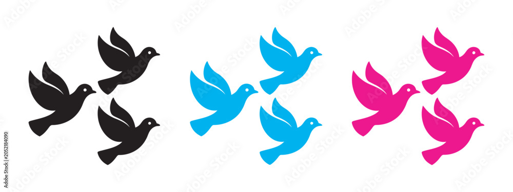 Fototapeta premium Flying bird silhouettes icons set, colorful birds in flight collection, animal wildlife icon set, vector design