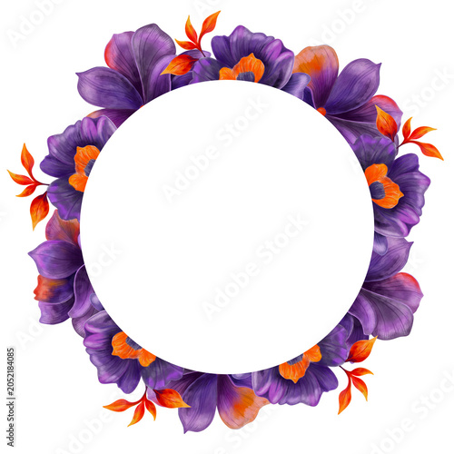 Purple floral wreath watercolor round frame with violet flowers and orange foliage. Botanical border for Halloween invitations, wedding stationery, branding, labels and packaging.