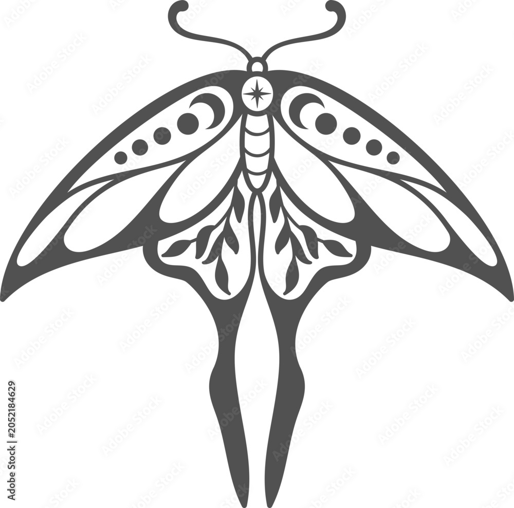 Naklejka premium Celestial moth illustration with moon and sun symbols. Vintage outline butterfly design in mystical style.