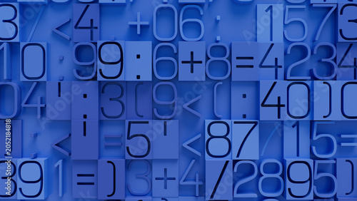 Close-Up of Textured Blue Surface with Varied Sizes of Mathematical Symbols and Numbers Including Fractions and Operators for Educational Resources and Learning Materials