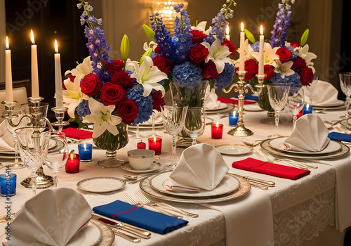 A beautifully set dinner table with red and blue flowers, candles, and fine china in a elegant room with a formal event setup for guests to enjoy a meal.