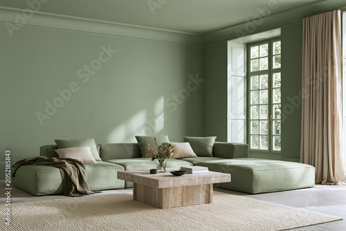 Color drenched living room featuring a green sectional sofa, wooden coffee table, and large windows allowing natural light to illuminate the space