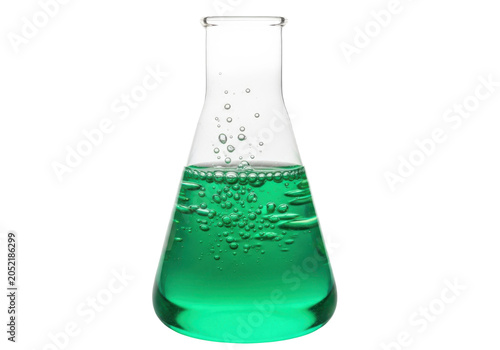 Laboratory erlenmeyer flask with green liquid and bubbles isolated on transparent background