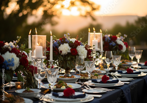 A romantic dinner party setup with flowers and candles on a long table outdoors during sunset with wine glasses and plates.
