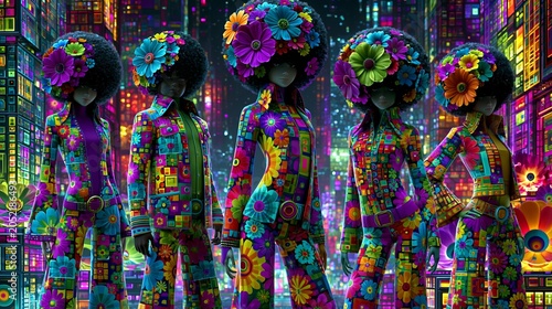 Colorful psychedelic fashion in futuristic environment.