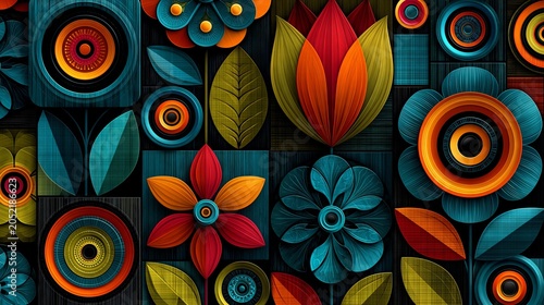 Colorful abstract flowers in symmetrical layout.