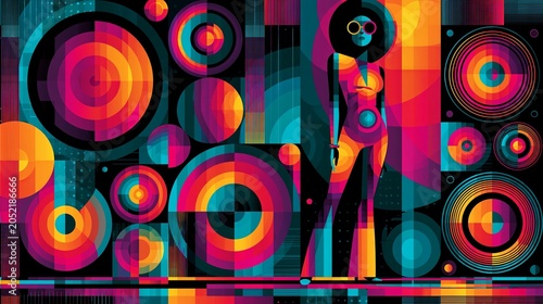 vintage 70s dance pose with geometric cubist background.