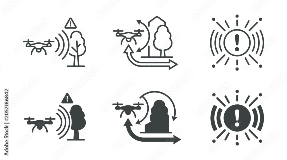 Fototapeta premium Set of drone navigation and hazard warning icons in outline and solid styles with navigation collision avoidance