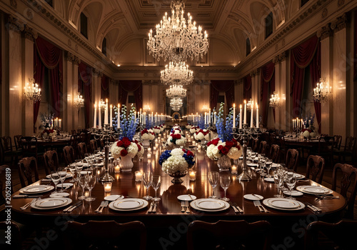 A lavish banquet unfolds in a grand hall with a long table set for dinner, adorned with flowers, candles, and chandeliers, showcasing luxury and fine dining.